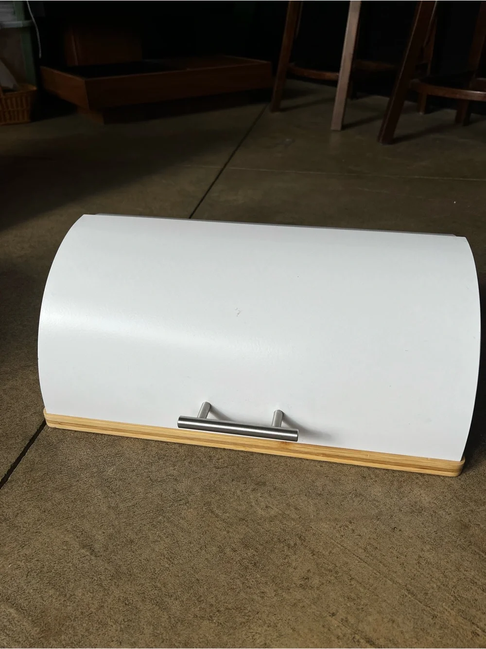 Threshold White Bread Box with Natural Wood Base and Silver Handle